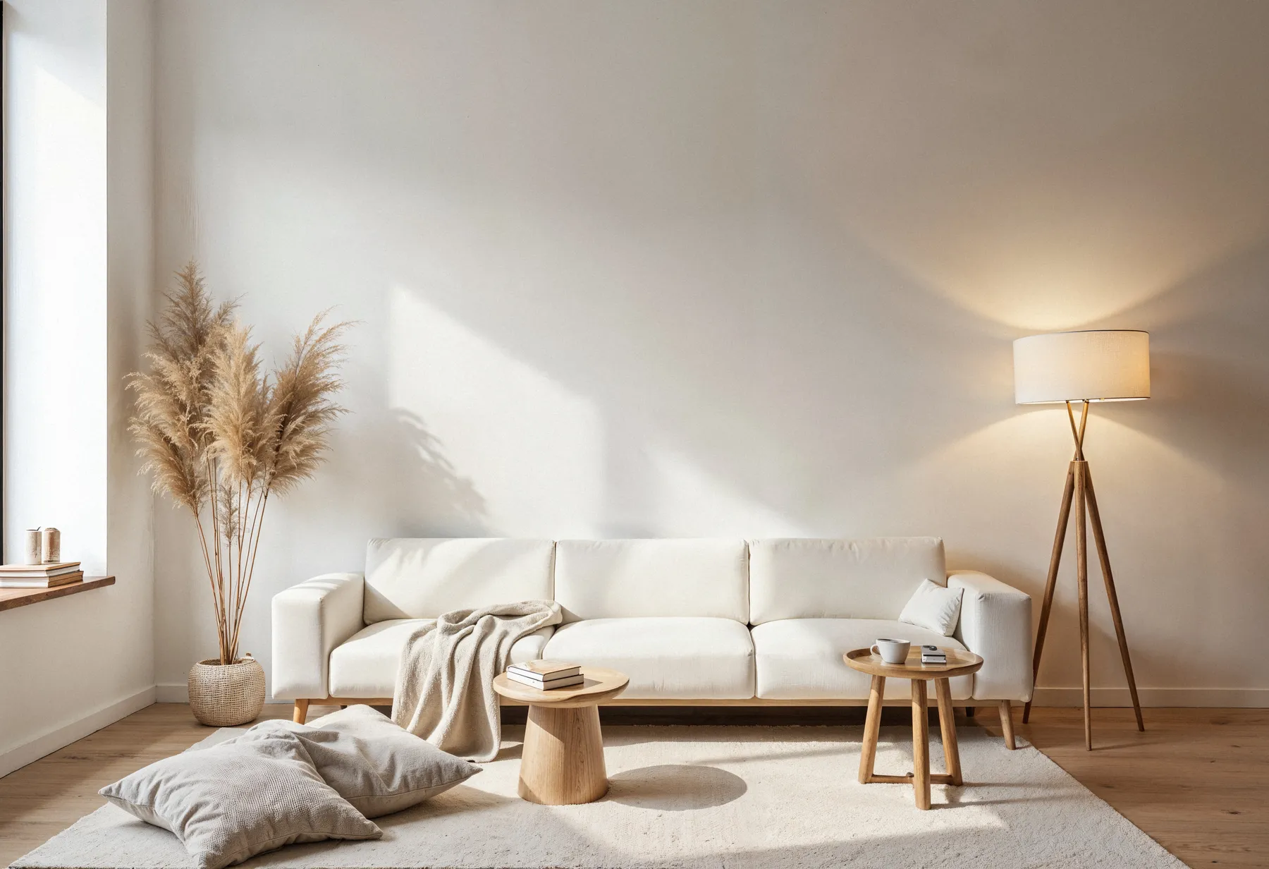Sala luminosa y acogedora con sofá blanco y lámpara de pie